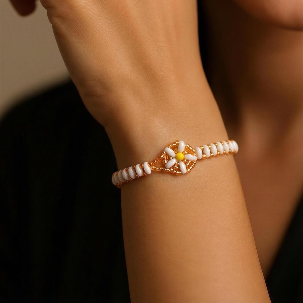 Gold and White Daisy Bead Bracelet - Women Jewelry